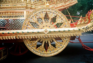 The symbolic chariot wheel of the Sun God Surya